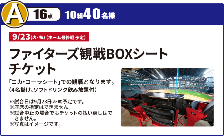 A賞 ファイターズ観戦BOXシートチケット